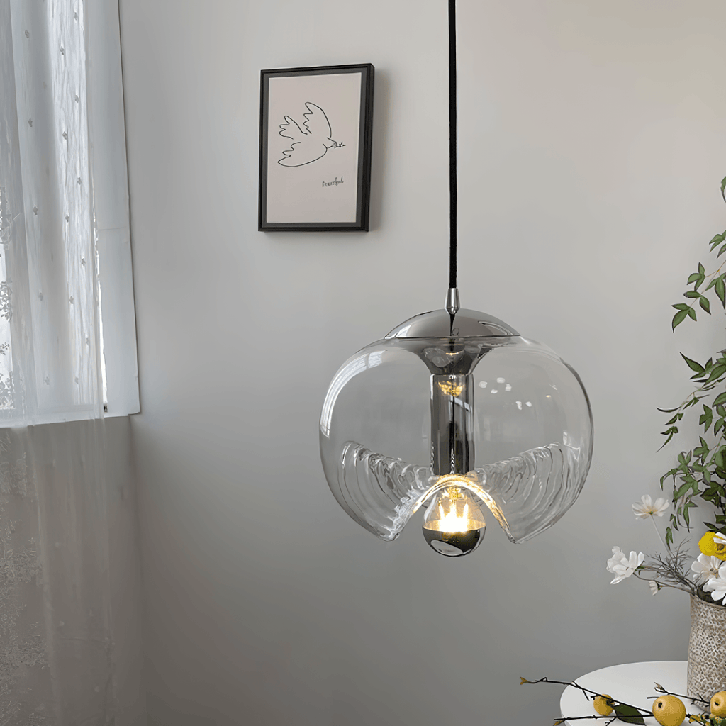 Suspension en verre transparent Miranda en ambiance, éclairage salon – Klaross