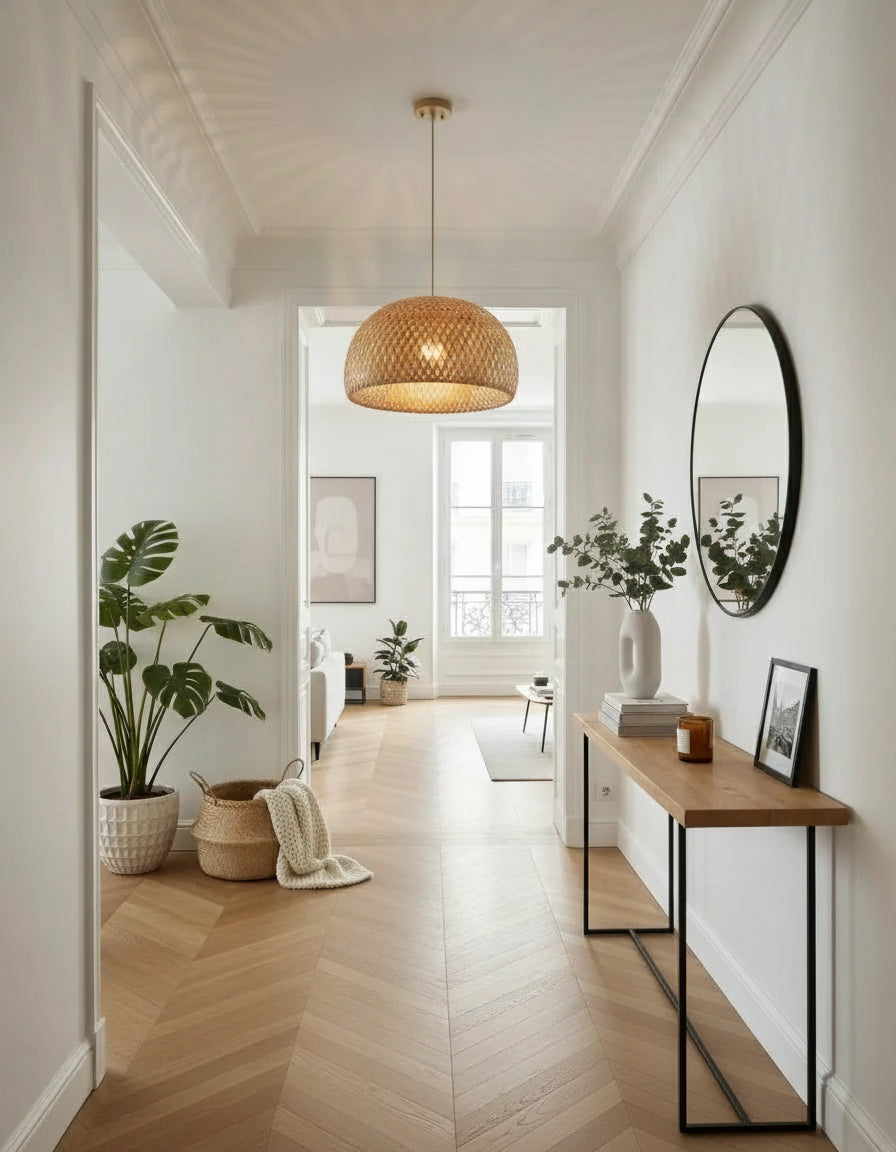 Lustre et luminaire en rotin et osier pour chambre, couloir, cuisine et chambre