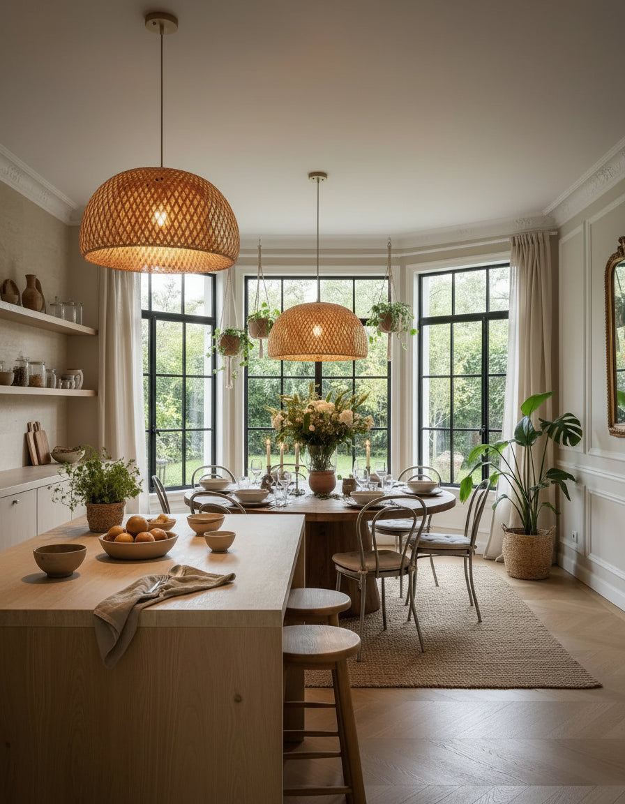 Lustre et luminaire en rotin et rosie qualitatif 