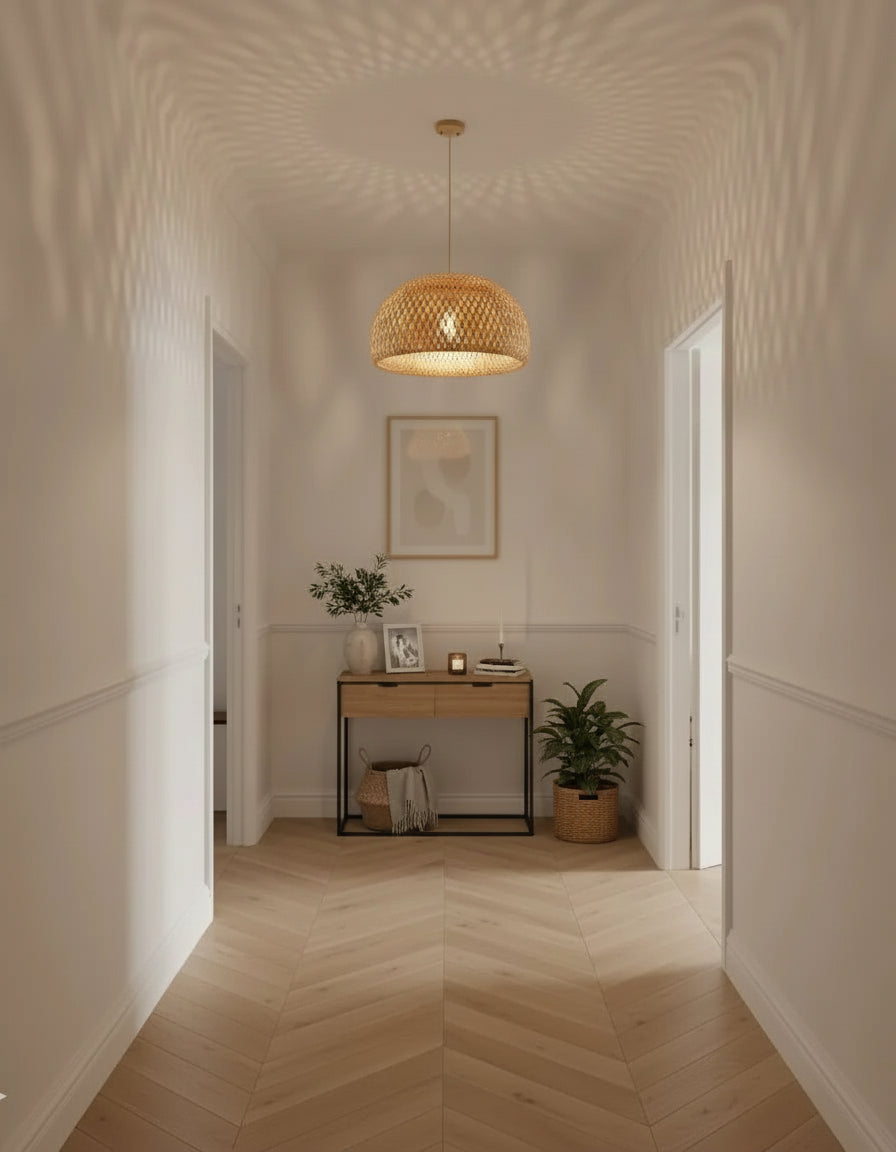 Lustre et luminaire en osier et rotin pour couloir, chambre, et salon 