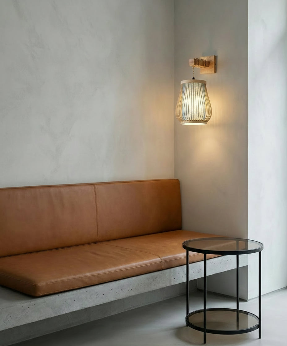 Applique murale bois avec abat-jour bambou et tissu couleur bleue, tissé à la main, idéal chambre E27.