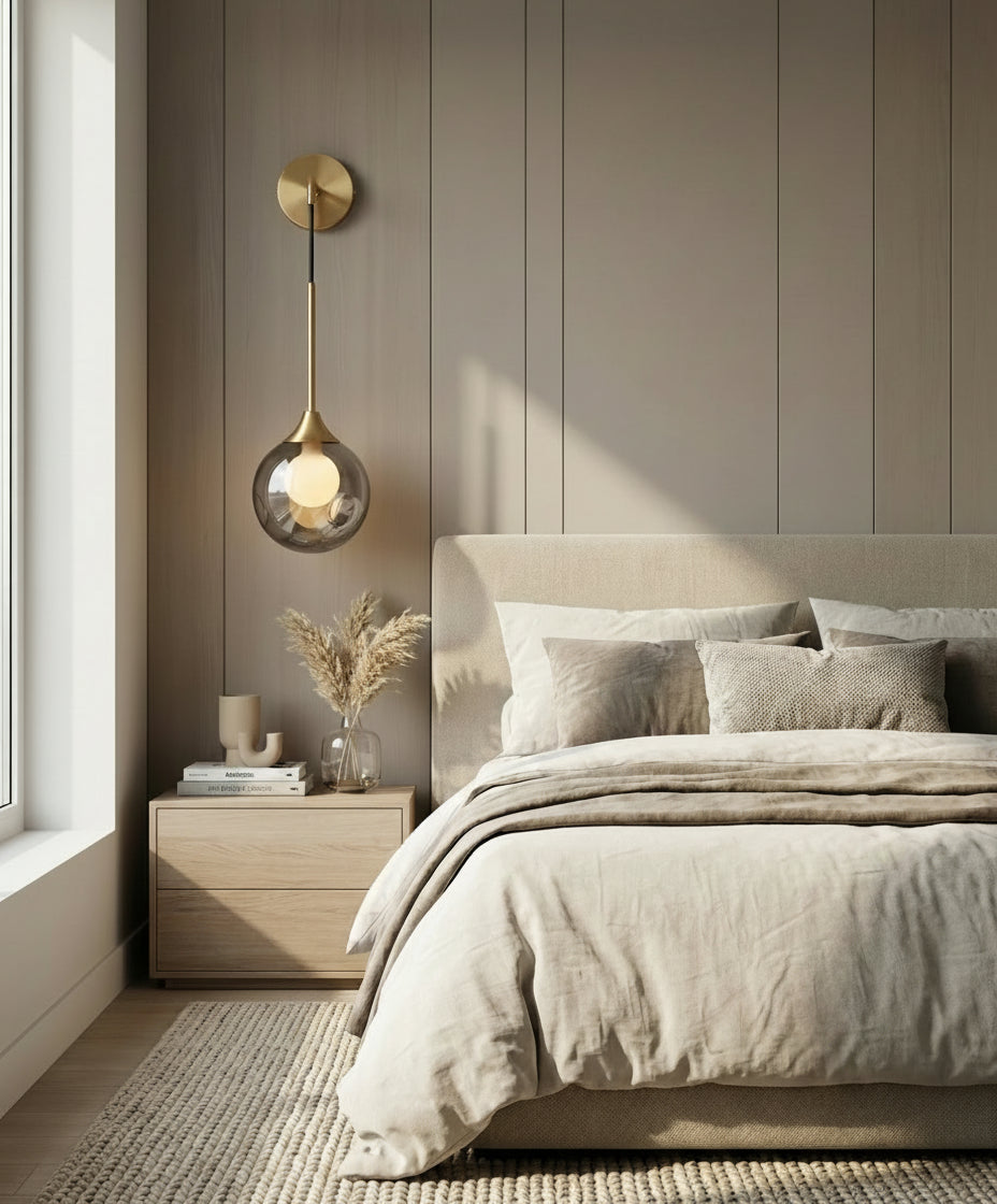 Applique intérieure en verre fumé, lampe murale design inspirée hôtels et intérieurs modernes.