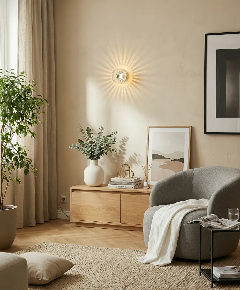 Applique murale en verre artisanal créant un éclairage moderne adapté pour couloir ou escalier.