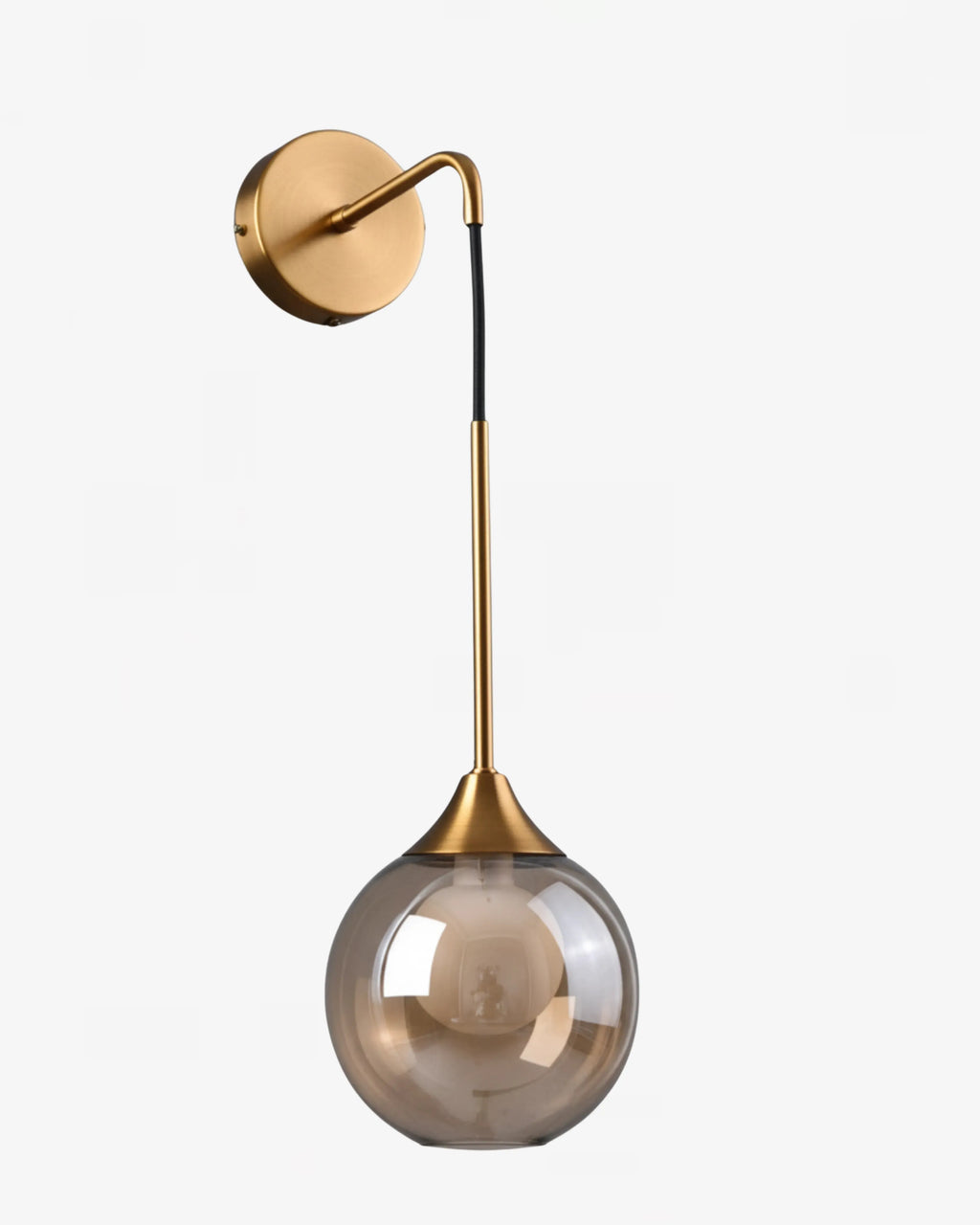 Applique murale en verre fumé avec finition dorée, lampe LED moderne pour salon, chambre ou couloir.