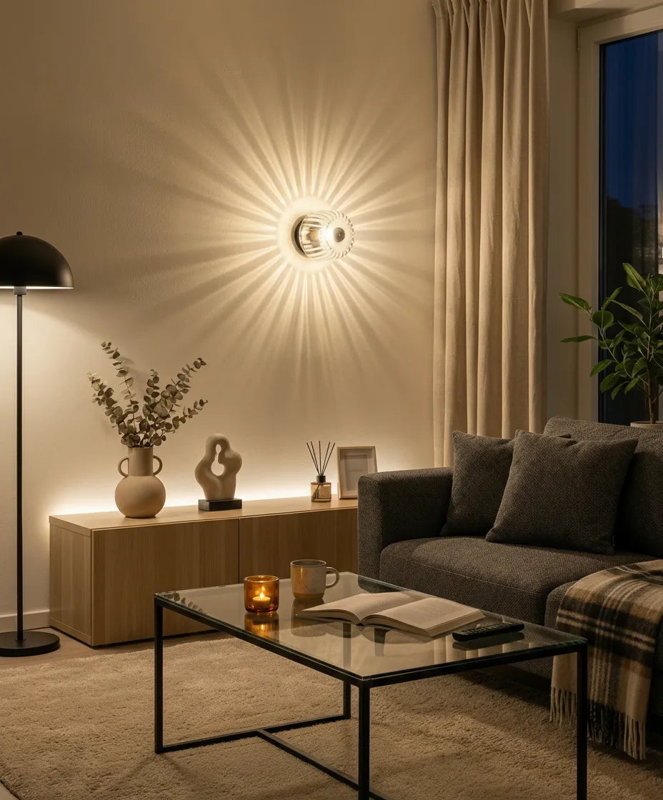 Applique murale en verre ondulé style moderne offrant une lumière décorative douce pour intérieur contemporain.