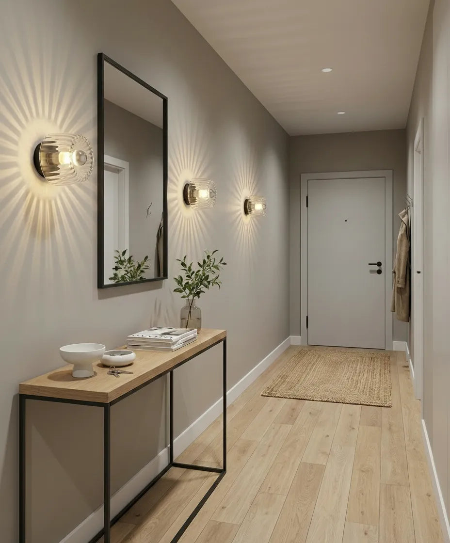 Applique murale en verre transparent design avec éclairage diffus, idéale pour salon moderne ou espace de vie.