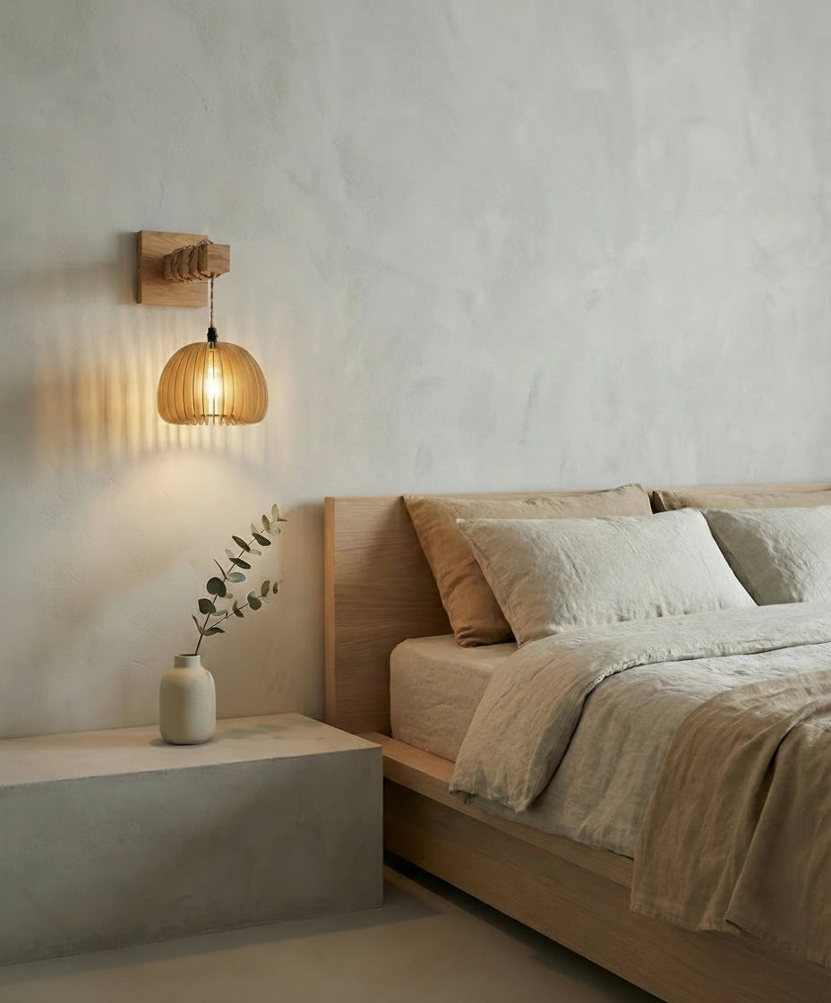 Éclairage mural en bois de bambou naturel, forme dôme, apporte une lumière douce pour chambre ou couloir, compatible LED.
