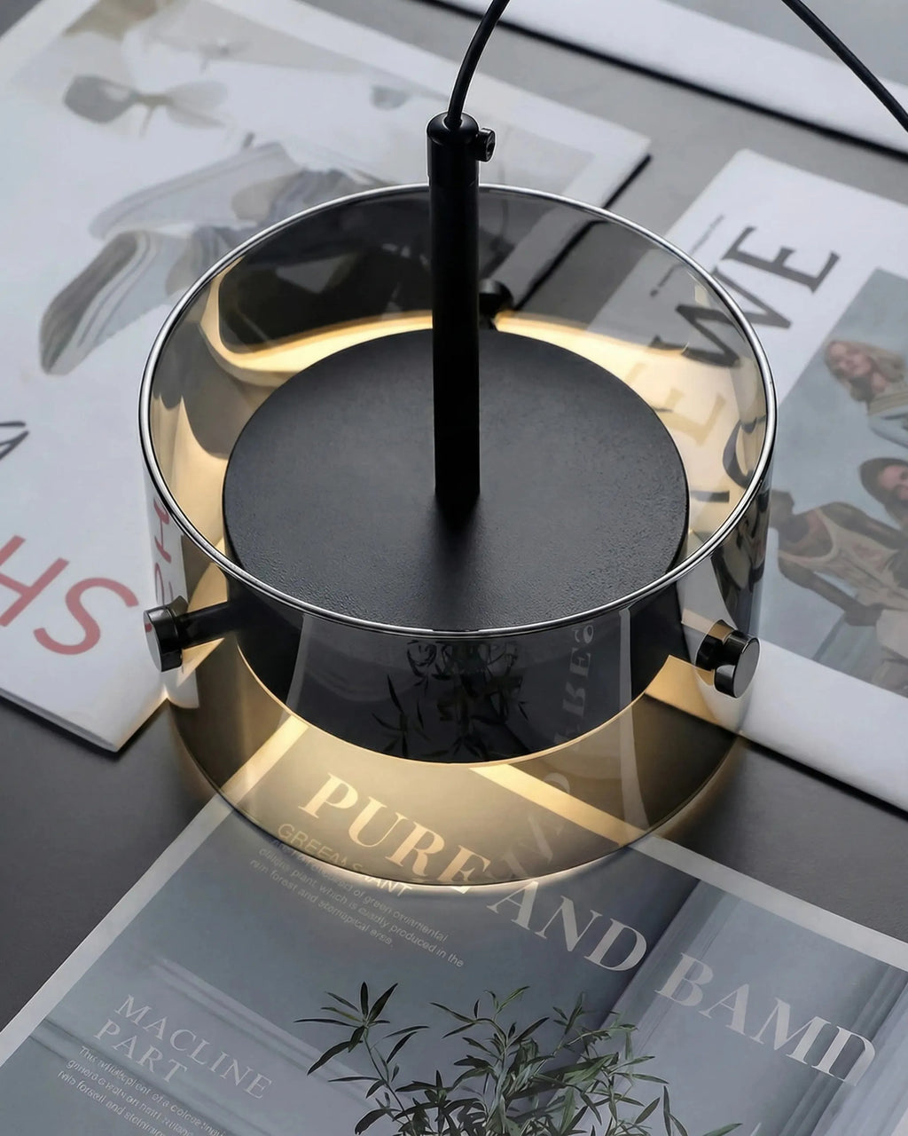 Éclairage suspendu en verre fumé noir, parfait pour créer une ambiance loft new-yorkais haut de gamme