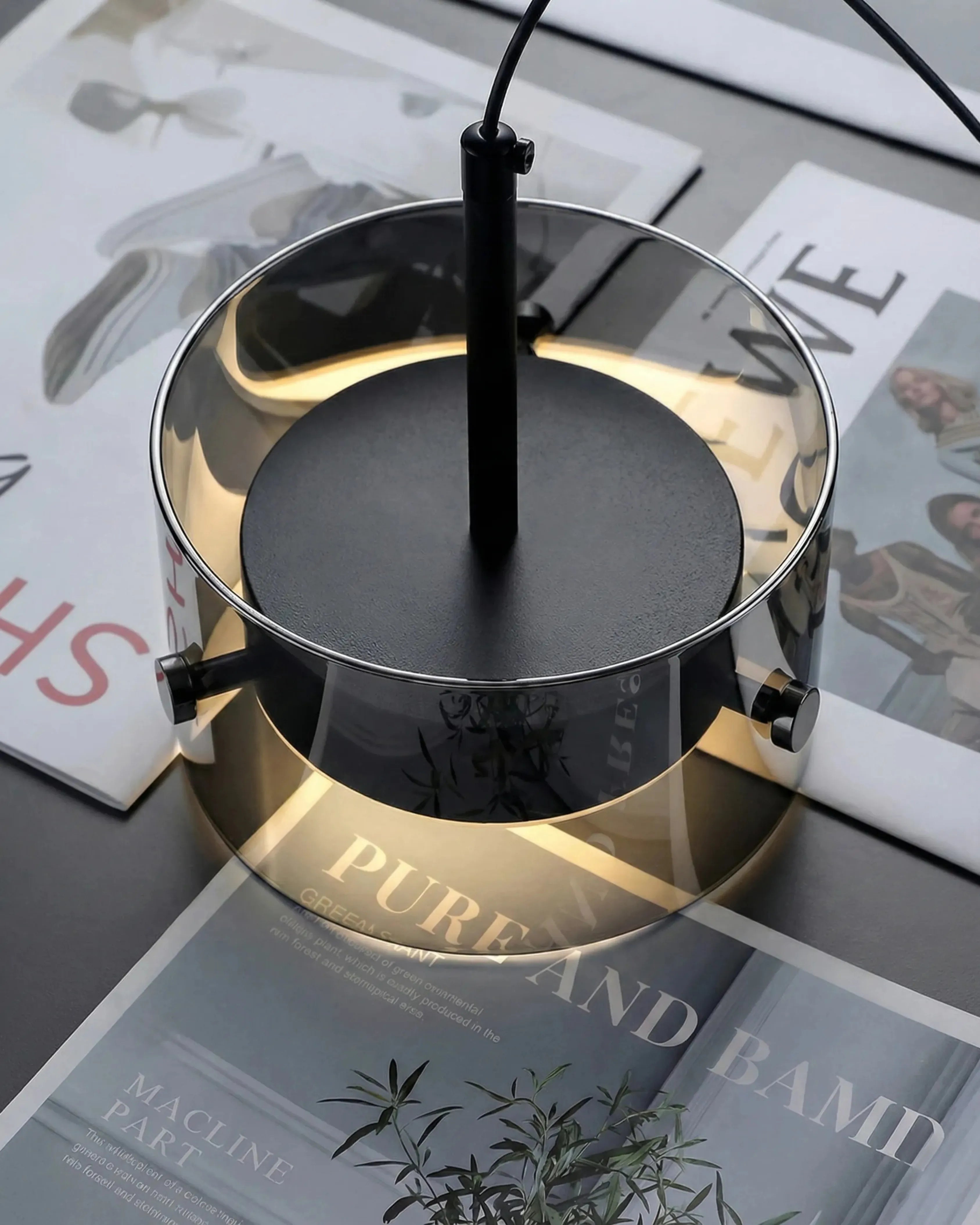 Éclairage suspendu en verre fumé noir, parfait pour créer une ambiance loft new-yorkais haut de gamme