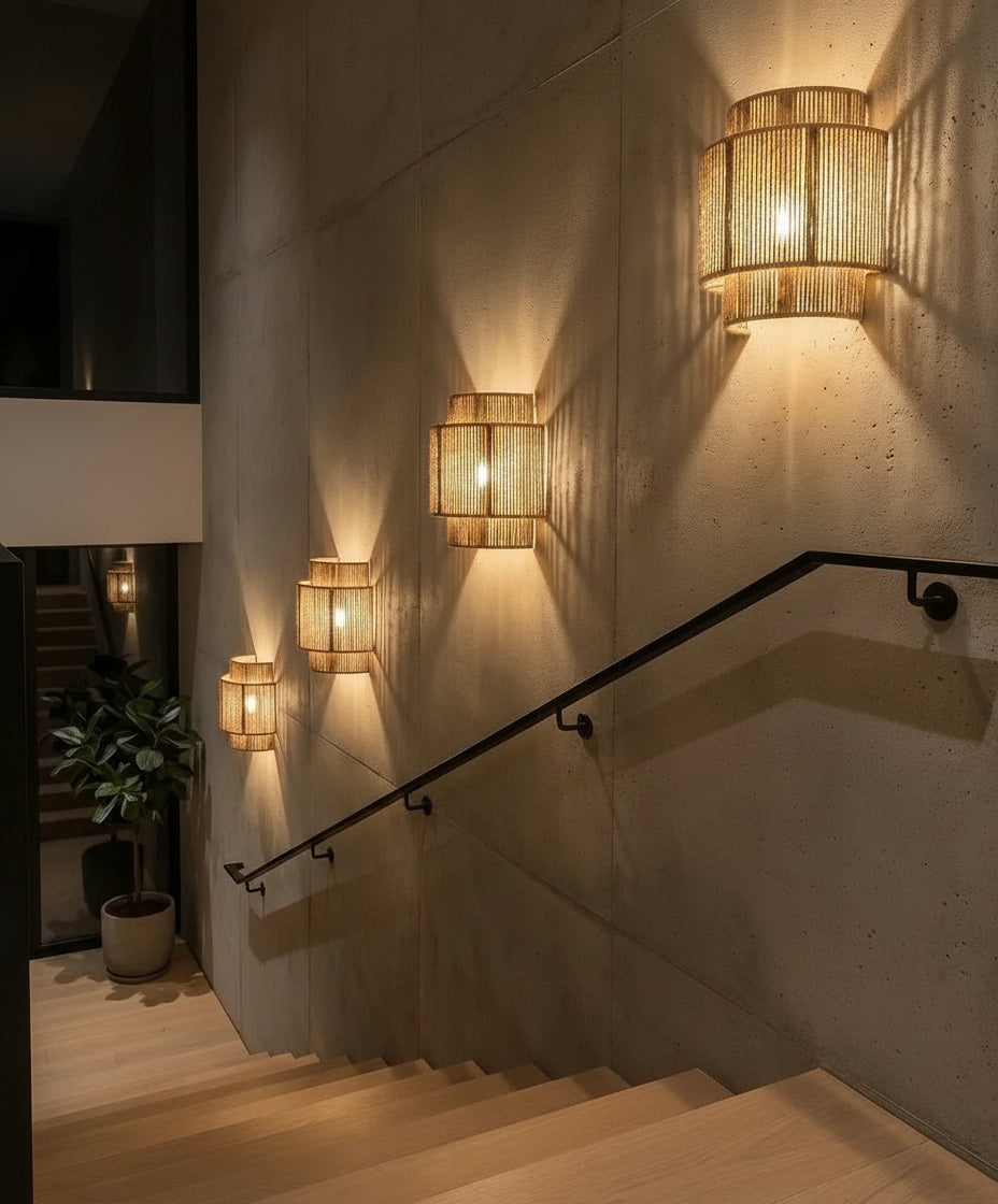 Lampe murale en rotin au design rustique et élégant, parfaite pour éclairer un salon ou une salle à manger.