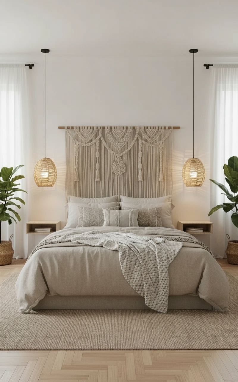 Lampe pendant vintage en osier beige tissé à la main, éclairage LED décoratif pour salon, cuisine ou salle à manger.