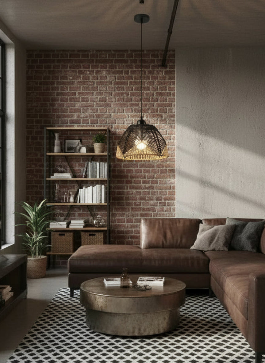 Lampe pendant vintage en osier noir tissé à la main, éclairage décoratif pour salon, bar ou restaurant.