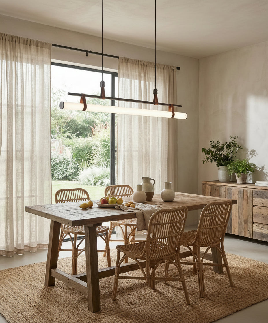 Lampe suspendue nordique dorée 115 cm avec détails en cuir et diffuseur en acrylique, idéale pour table à manger ou bar.