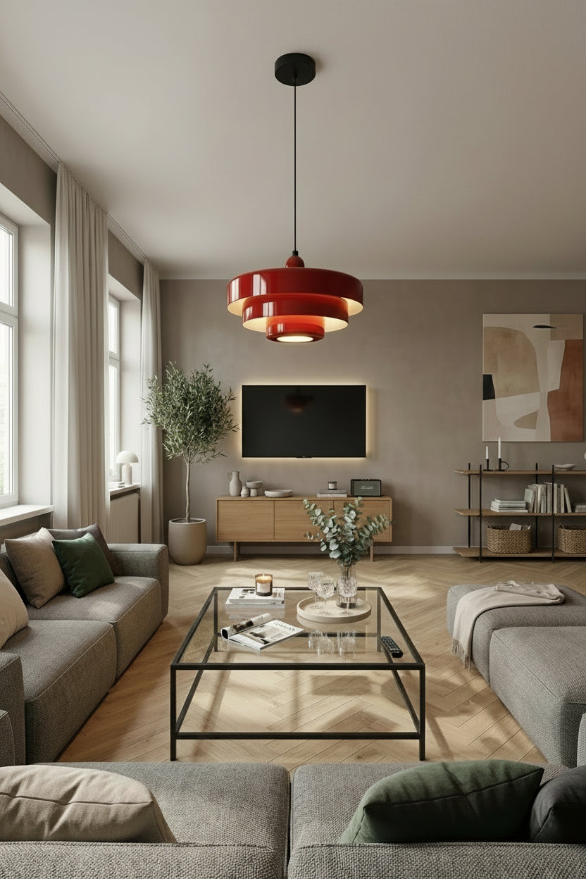 Lampe suspendue rouge brillante au design nordique contemporain, adaptée aux intérieurs modernes, bars, restaurants ou hôtels.