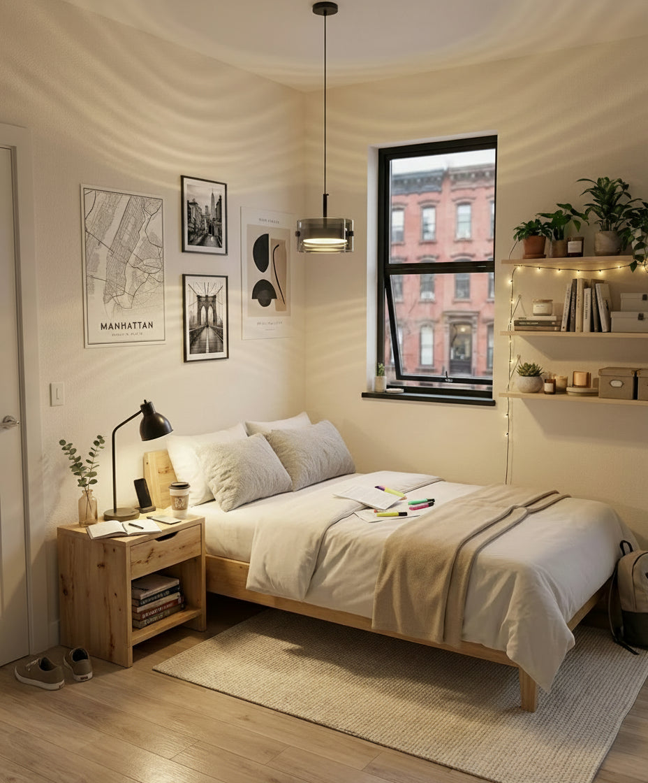 Lampe suspendue en verre fumé noir pour une ambiance New York, parfaite dans un salon design avec écran plat.