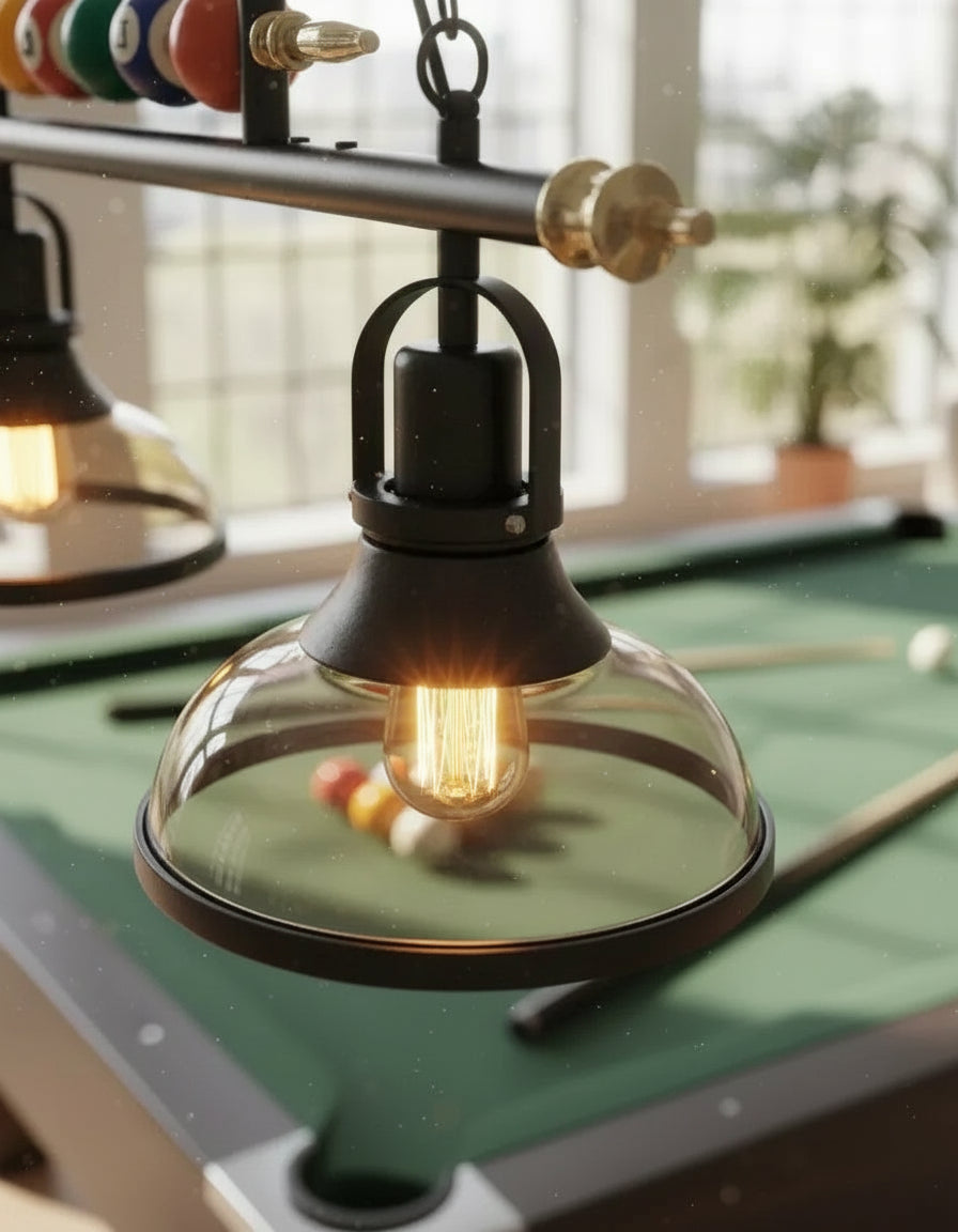 Lampe suspension billard triple en verre, luminaire décoratif pour bar, salle de billard ou salle à manger.