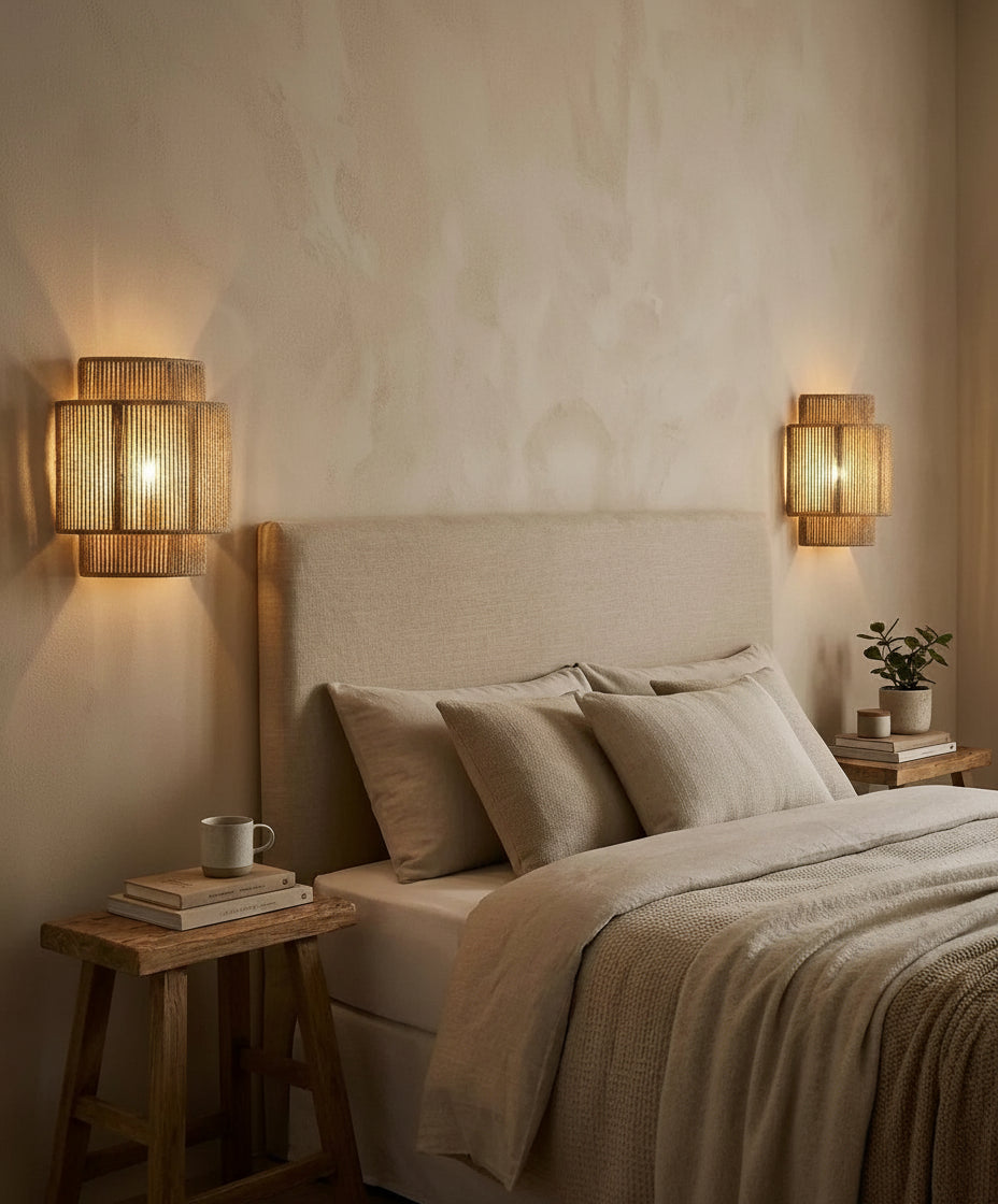 Luminaire applique murale rétro en rotin, diffuseur de lumière pour une ambiance douce dans un restaurant ou salon.