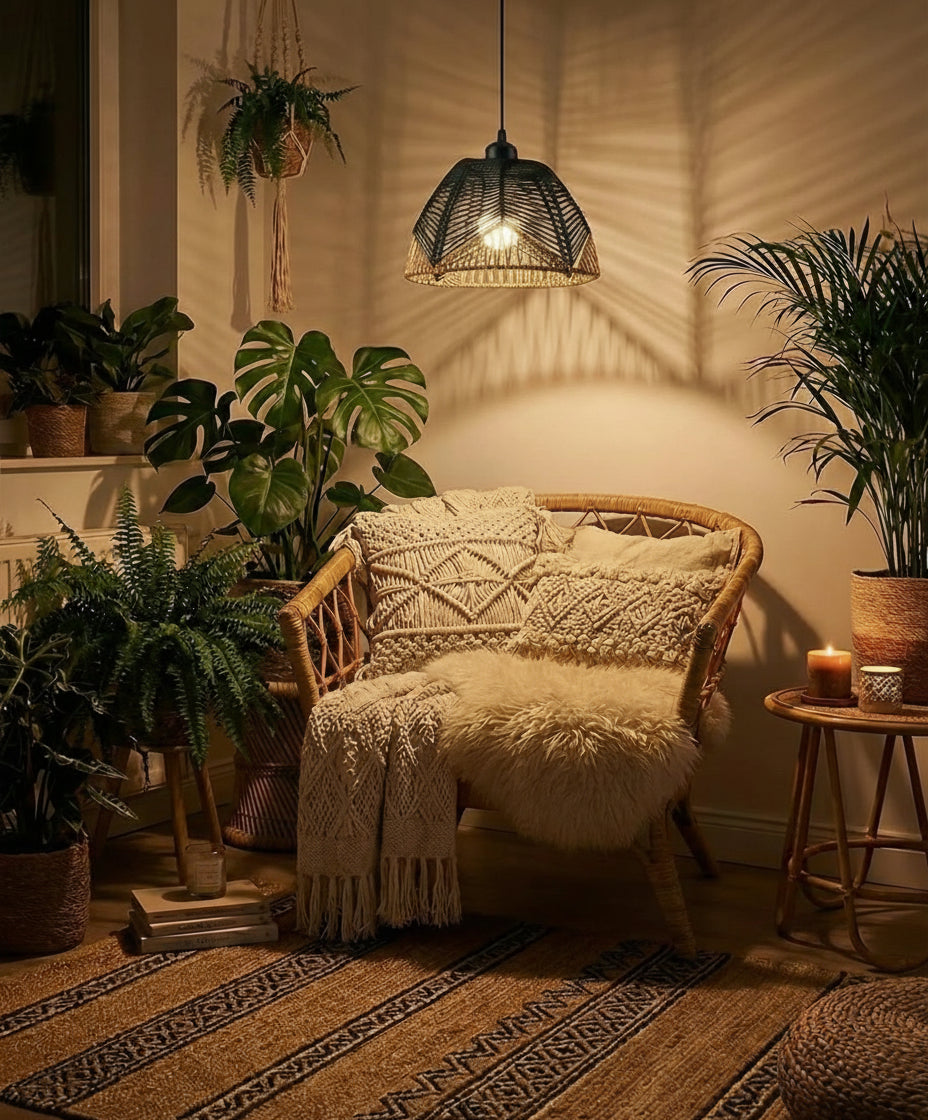 Luminaire suspension bohème en rotin osier bicolore noir/beige, parfait pour cuisine, hôtel ou restaurant, design naturel.