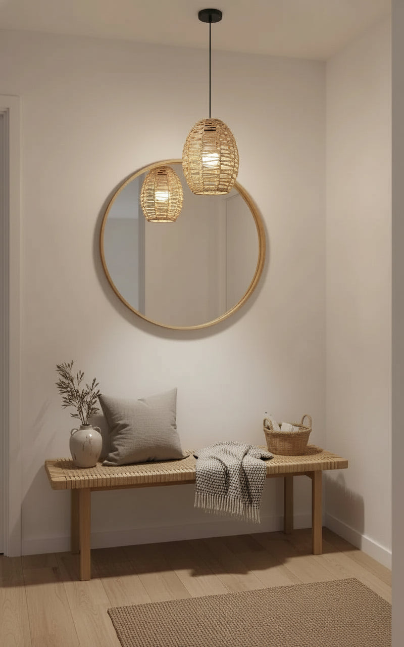 Luminaire suspension bohème vintage en rotin, base E27, éclairage principal ou secondaire pour cuisine et salon.