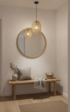 Luminaire suspension bohème vintage en rotin, base E27, éclairage principal ou secondaire pour cuisine et salon.