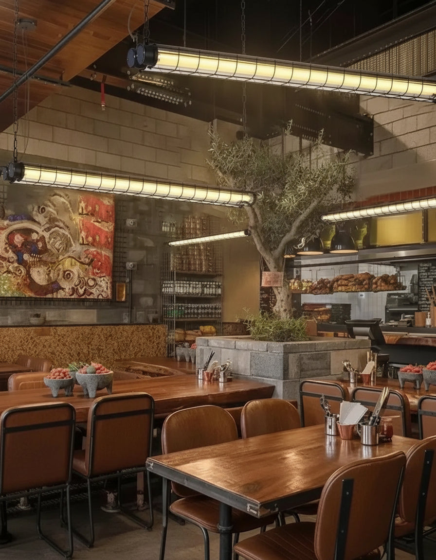 Lustre LED long noir industriel, idéal pour éclairage d’îlot de cuisine ou comptoir.