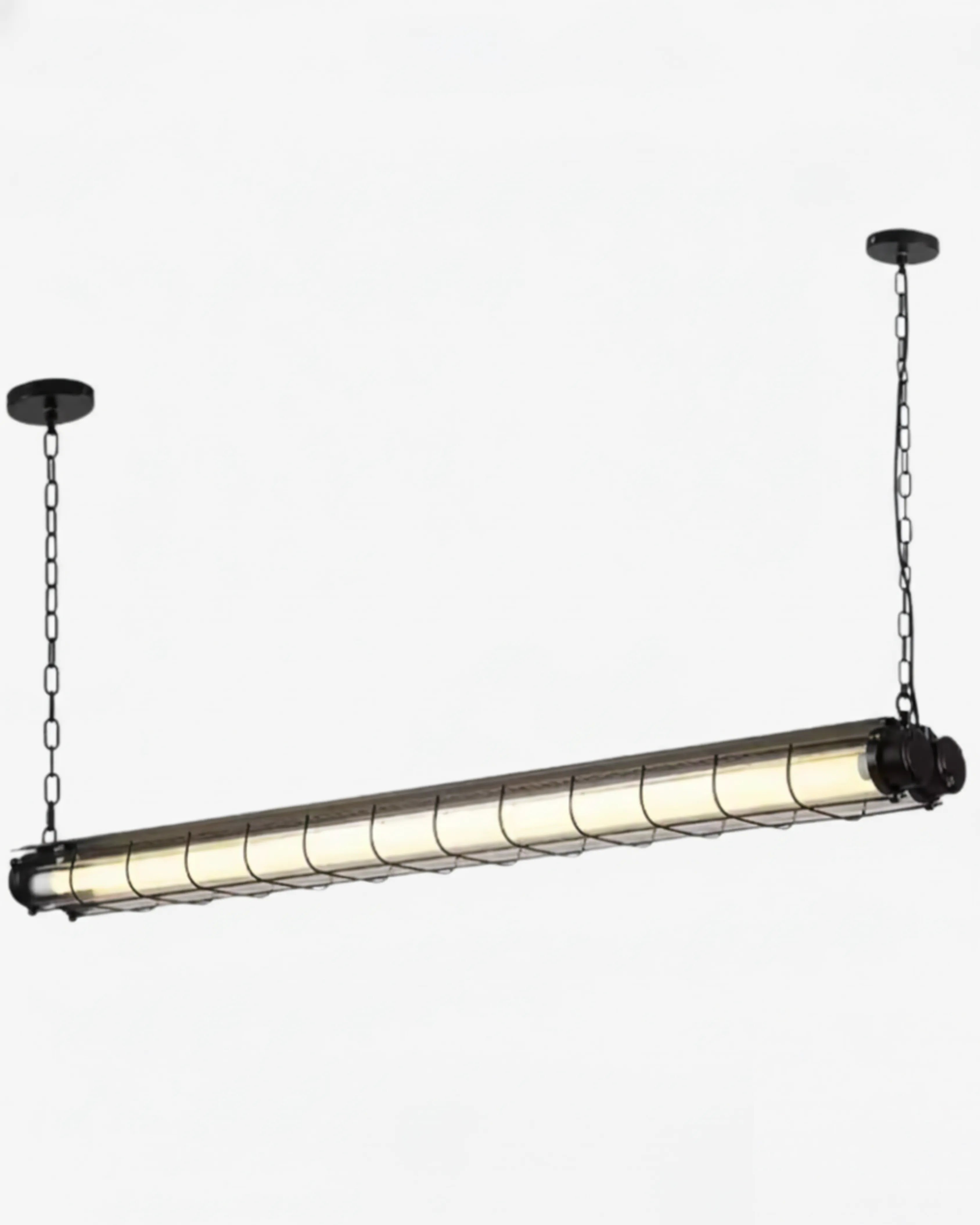 Luminaire industriel en tube LED noir, design moderne pour intérieur contemporain.