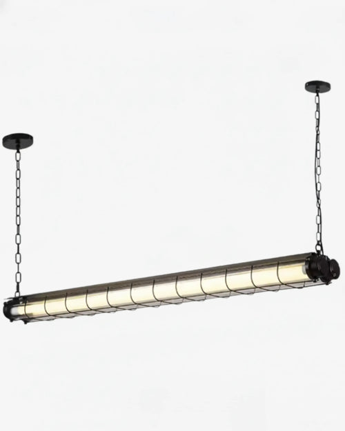 Luminaire industriel en tube LED noir, design moderne pour intérieur contemporain.