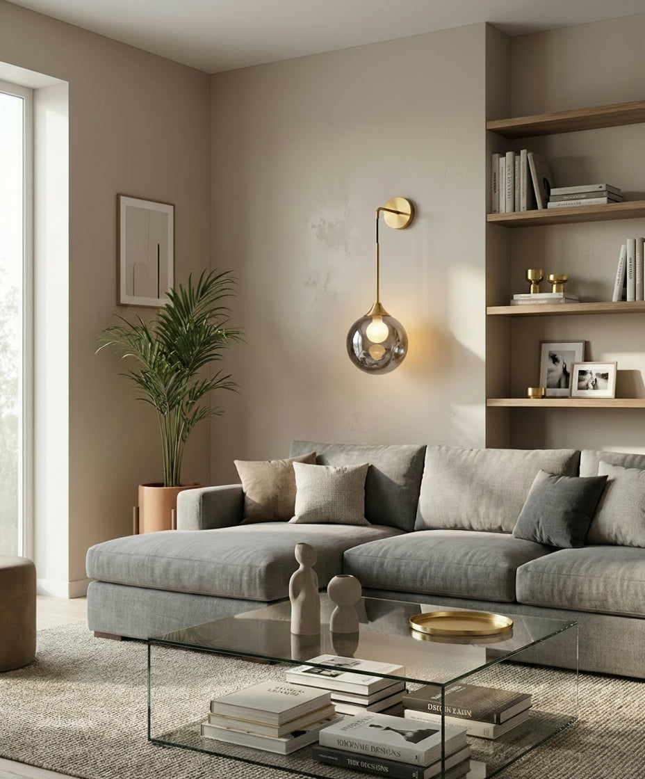 Luminaire mural en verre fumé avec longue tige dorée, parfait pour éclairage vertical élégant.