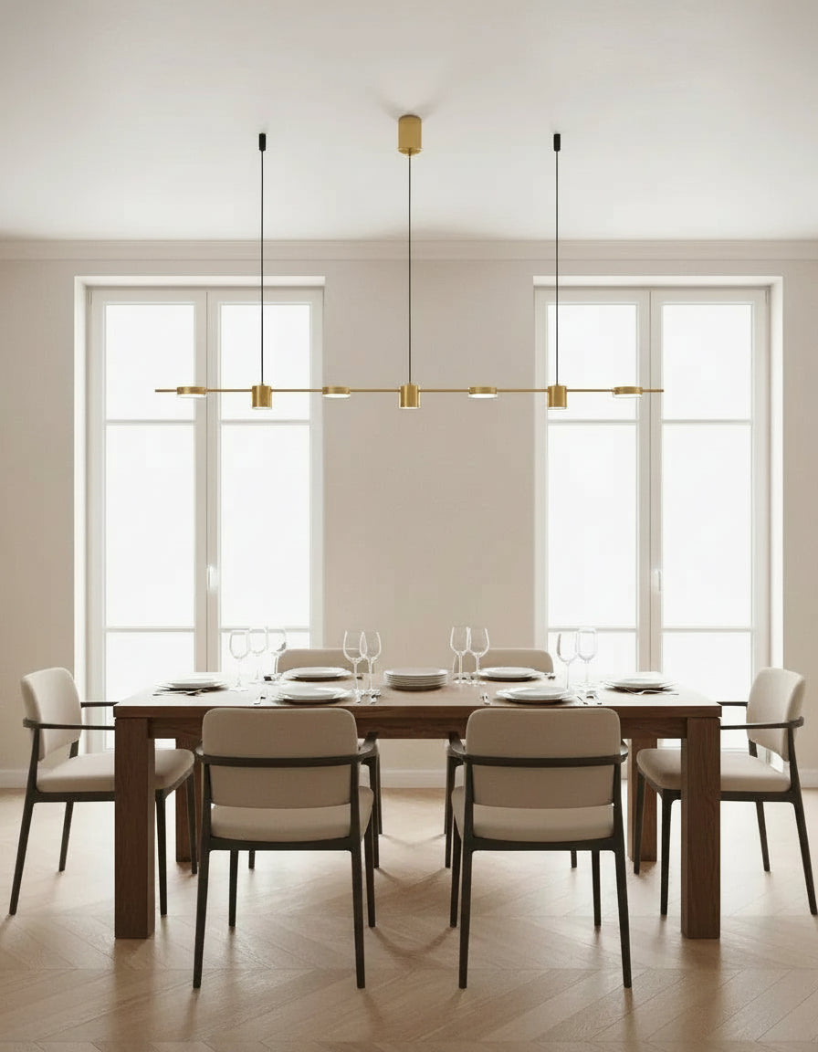 Luminaire suspendu doré LED au design rectangulaire moderne, parfait pour salle à manger ou espace professionnel.