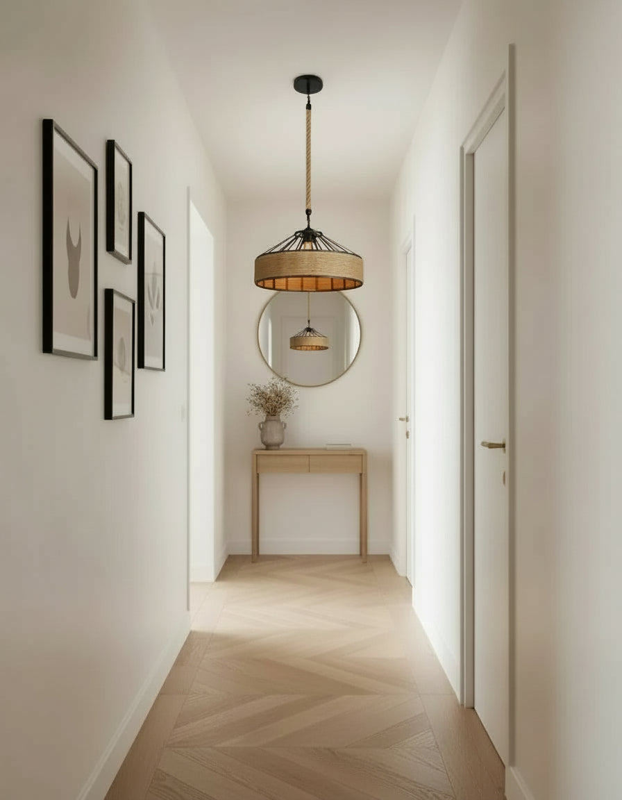 Luminaire en osier artisanal, suspension intérieure chic et naturelle pour ambiance chaleureuse.