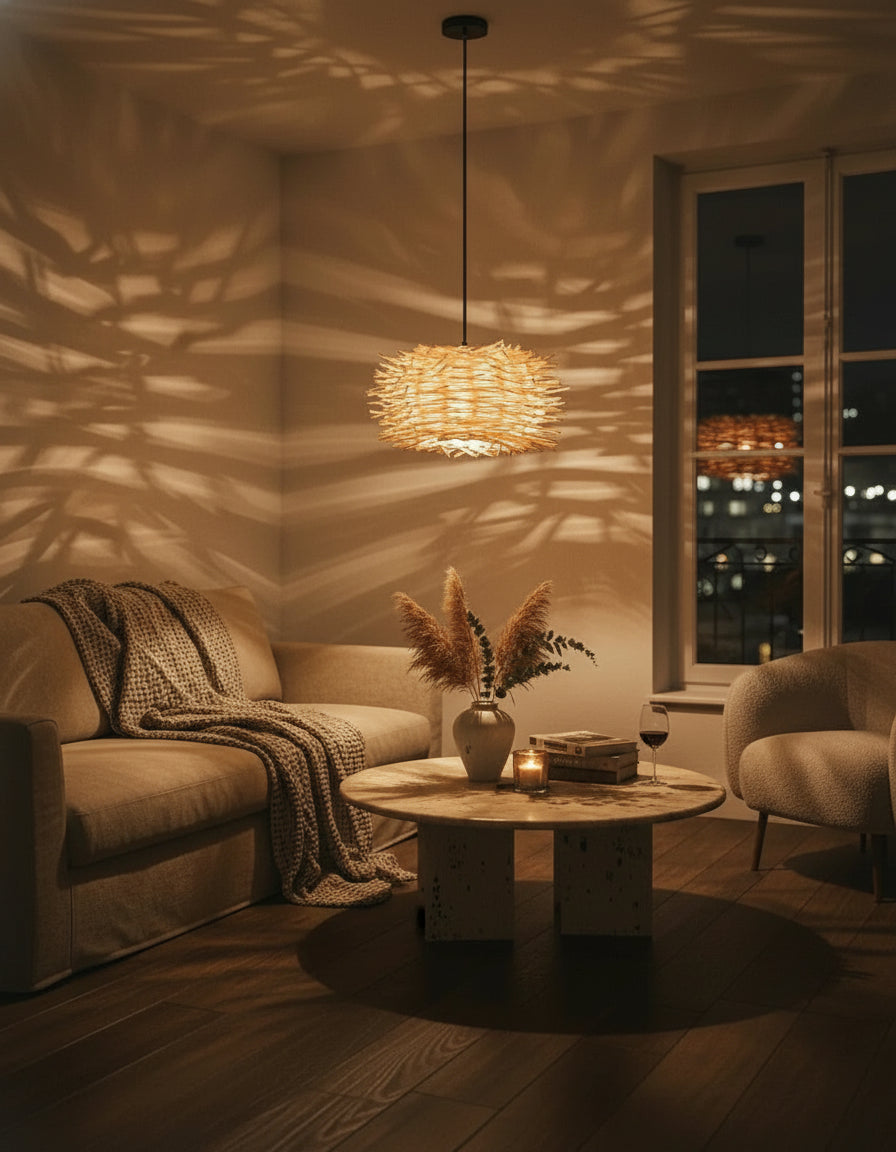 Luminaire en rotin bohème, décoration de plafond pour maison au style naturel et authentique.