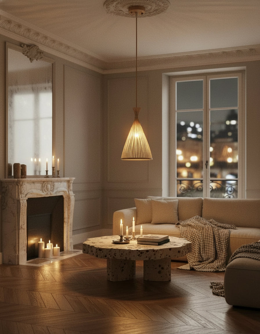 Luminaire en rotin naturel, suspension design pour décoration intérieure moderne et chaleureuse.