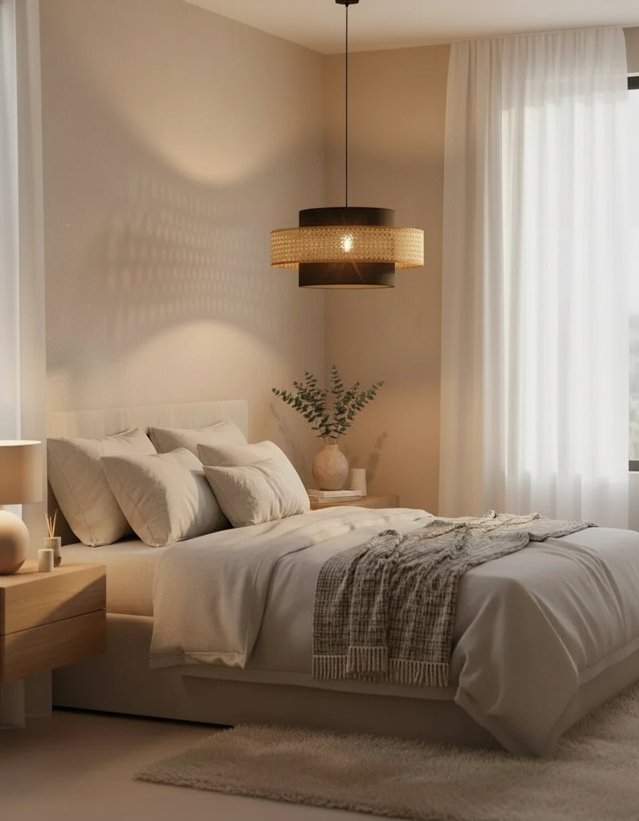 Luminaire en rotin noir 50 cm au design moderne, éclairage LED lumière chaude idéal pour pièces de vie.