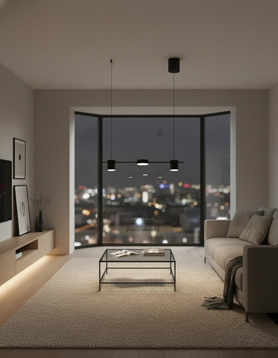 Lustre moderne LED noir design nordique, éclairage décoratif à trois spots pour espace de vie moderne.