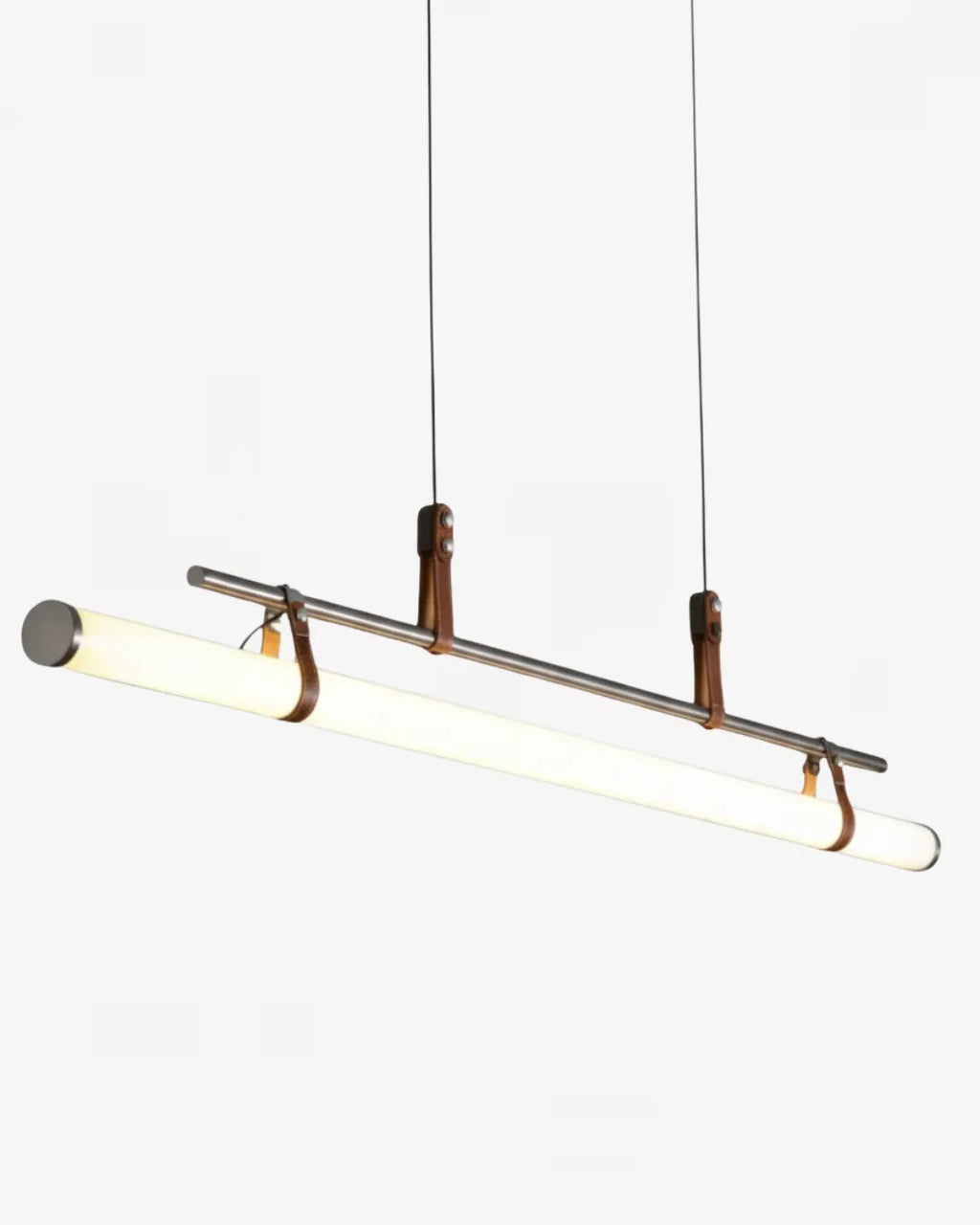 Luminaire suspendu moderne couleur or avec fixation en cuir embossé et tube acrylique blanc, éclairage décoratif pour salon ou restaurant.