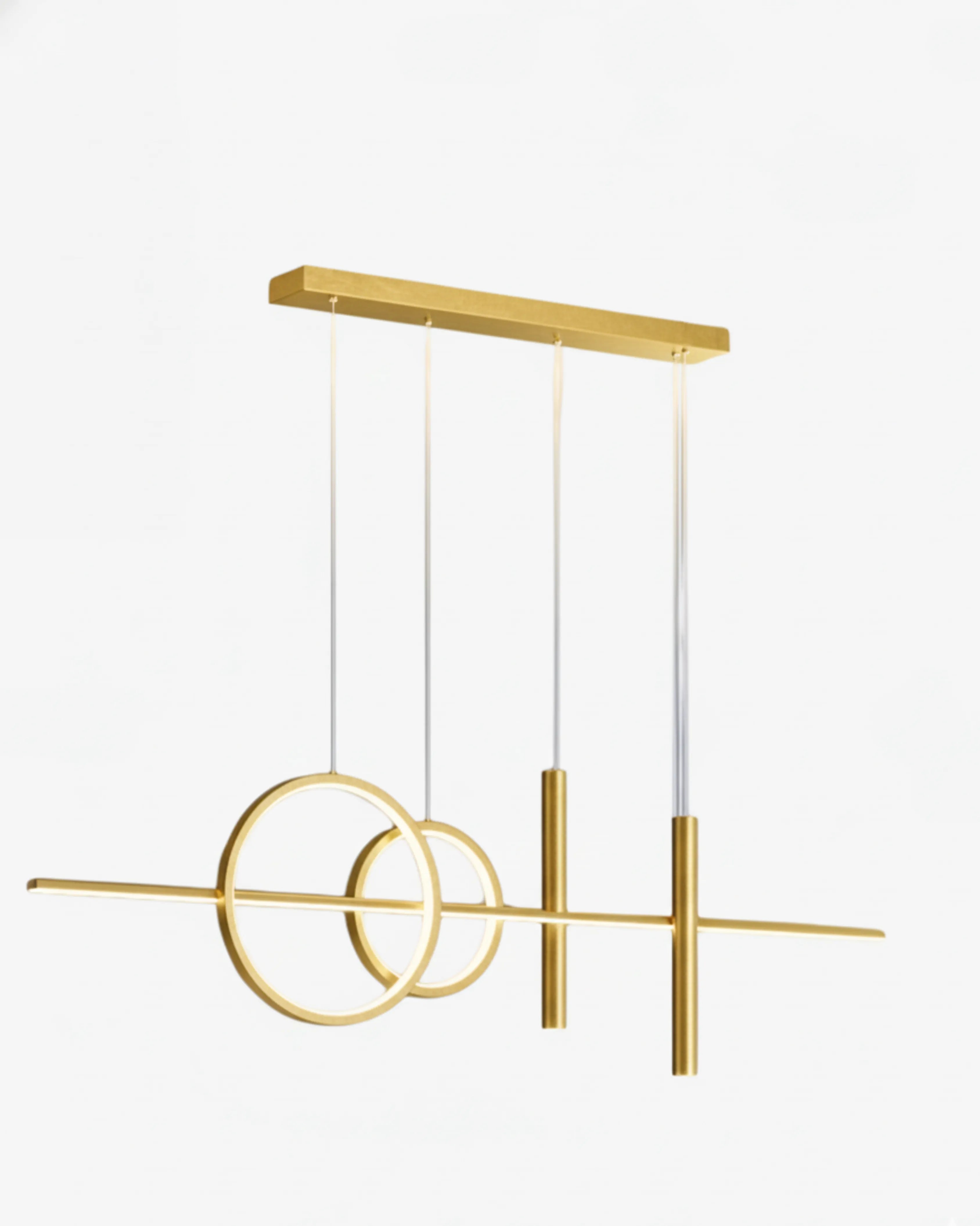 Luminaire suspendu couleur or avec anneaux LED design luxe, éclairage décoratif moderne pour salle à manger.