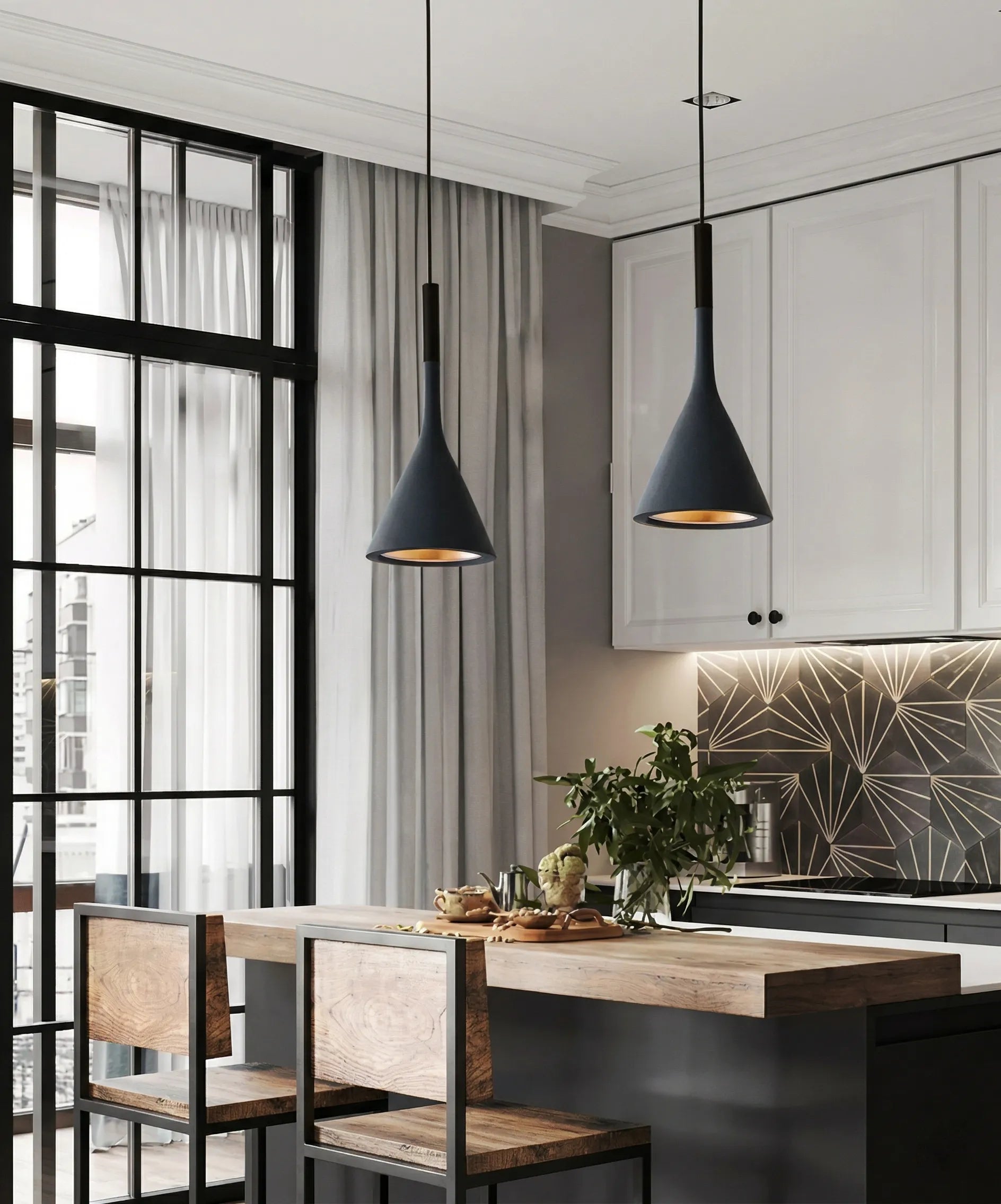 Luminaire suspendu au style nordique avec finition mate diffusant une lumière douce dans un salon contemporain