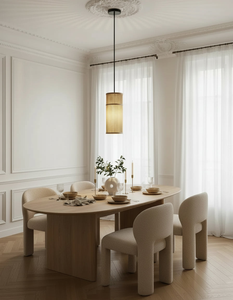 Lustre bohème en rotin naturel, suspension plafond idéale pour intérieur naturel et contemporain.