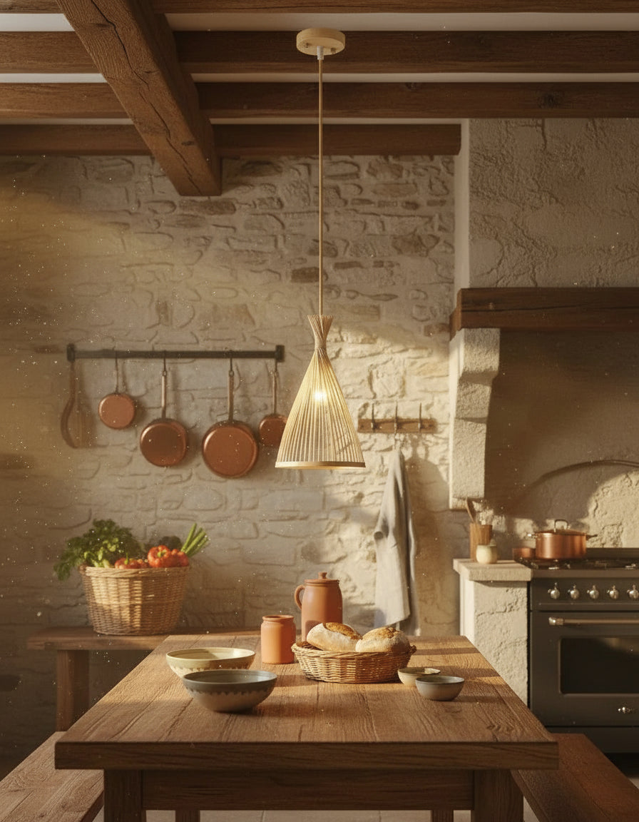 Lustre bohème en rotin et osier, suspension élégante pour maison au style naturel.