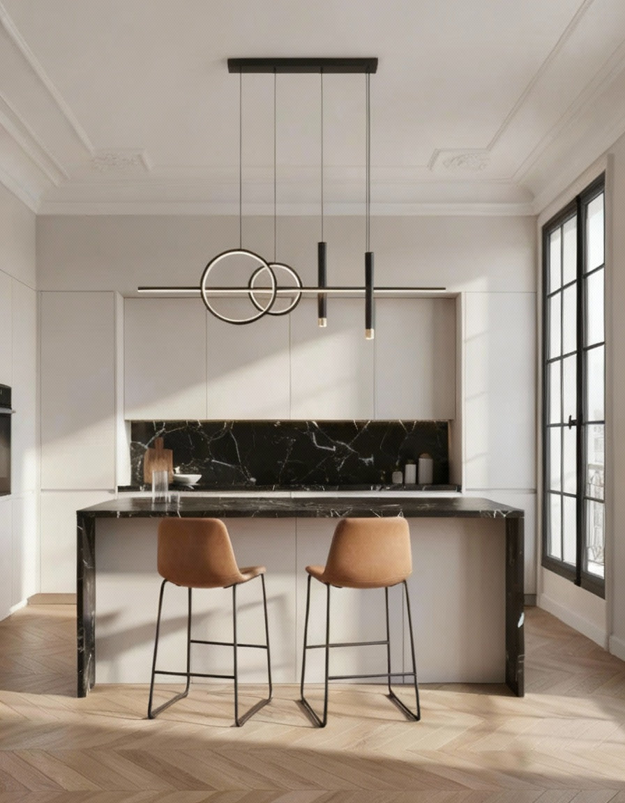 Lustre moderne or LED minimaliste 100 cm, parfait pour table de salle à manger, bar ou comptoir.