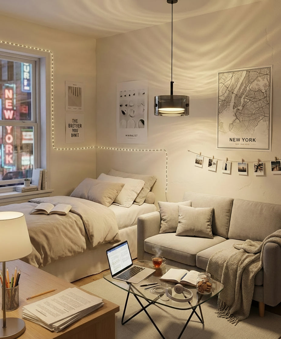 Lustre moderne en verre fumé pour une déco urbaine façon NYC, parfait au-dessus d’une table en verre.