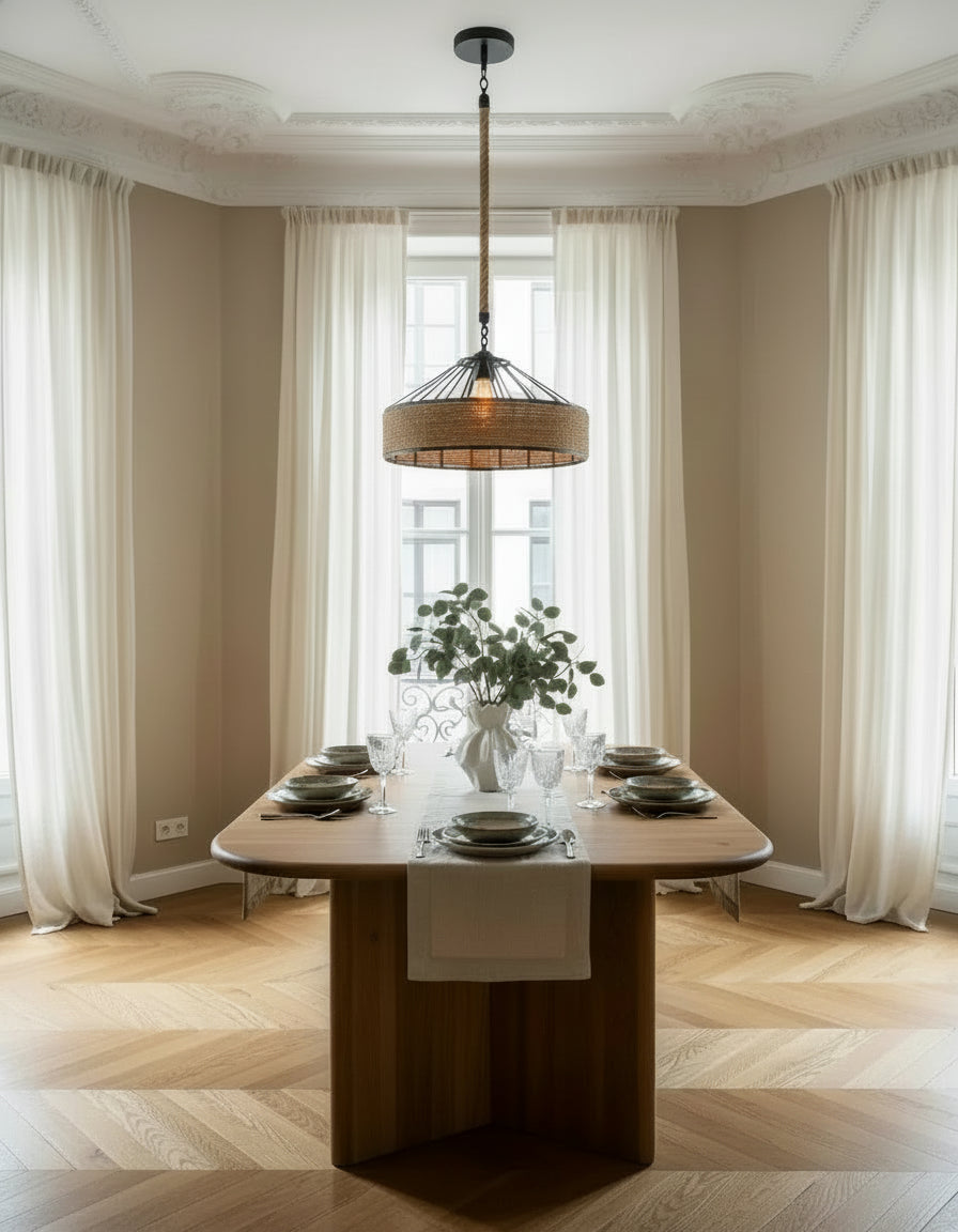 Lustre rotin bohème, décoration plafond naturelle pour intérieur moderne et inspiré de la nature.