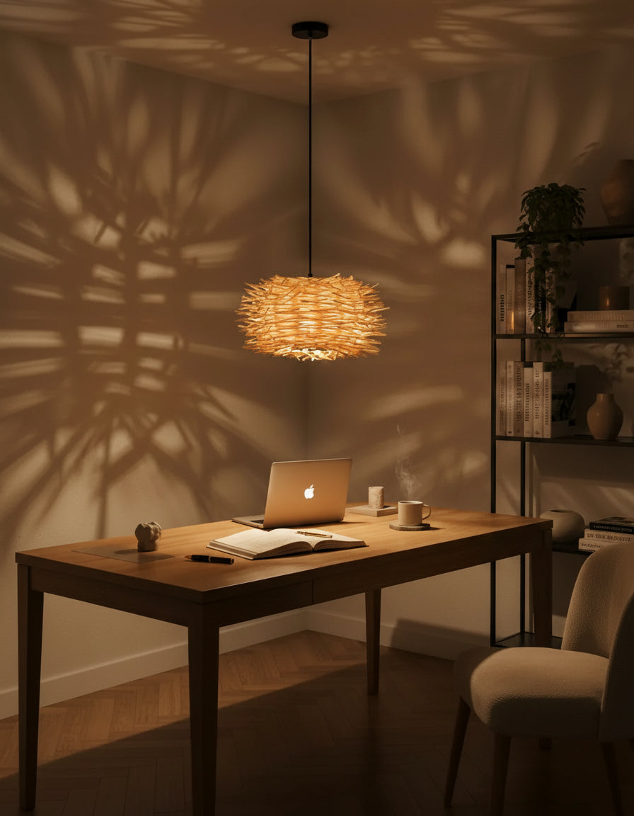 Lustre en rotin naturel, lampe suspension idéale pour salon bohème et intérieur moderne épuré.