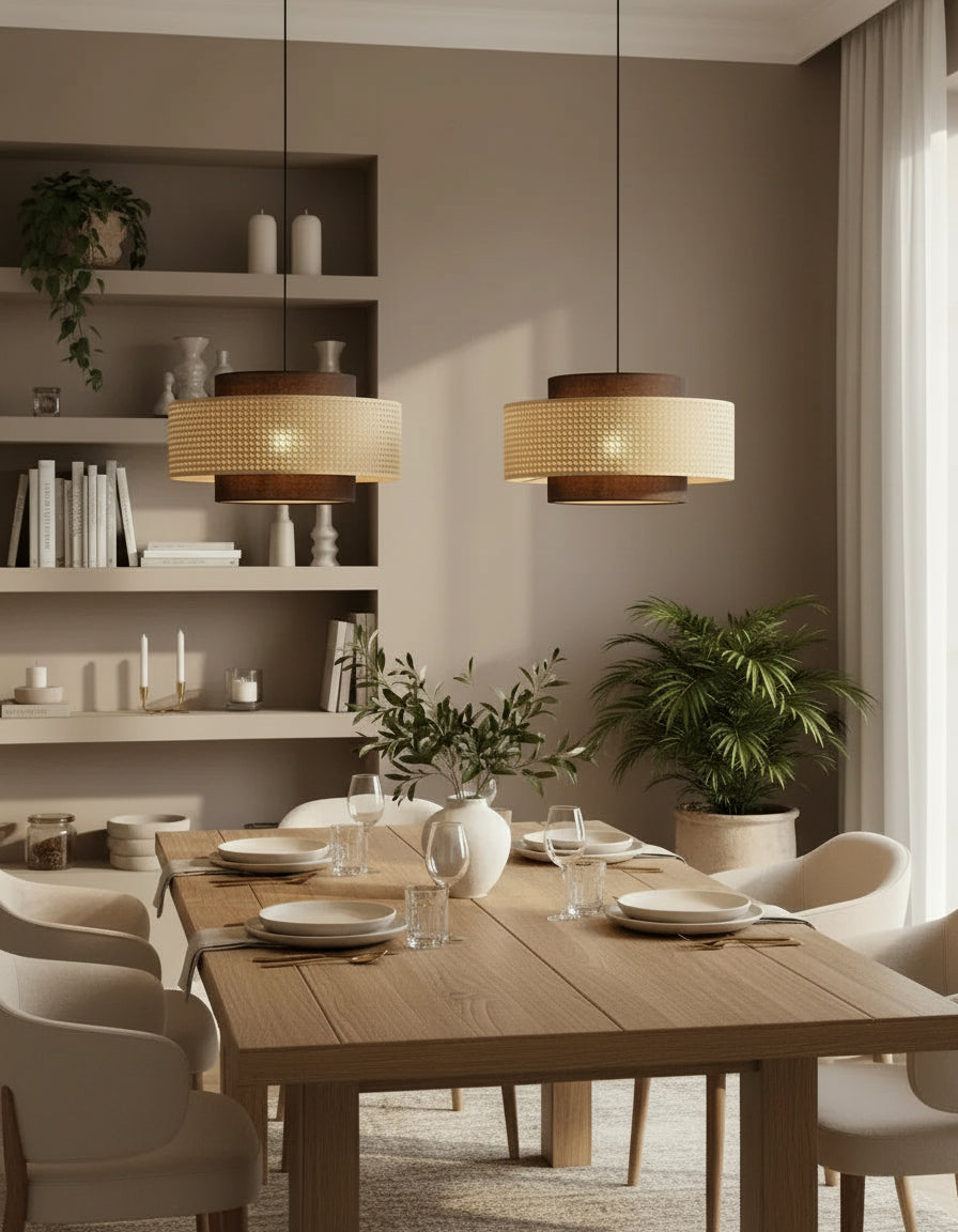 Lustre en rotin noir à lumière chaude, luminaire moderne pour ambiance cosy et naturelle.