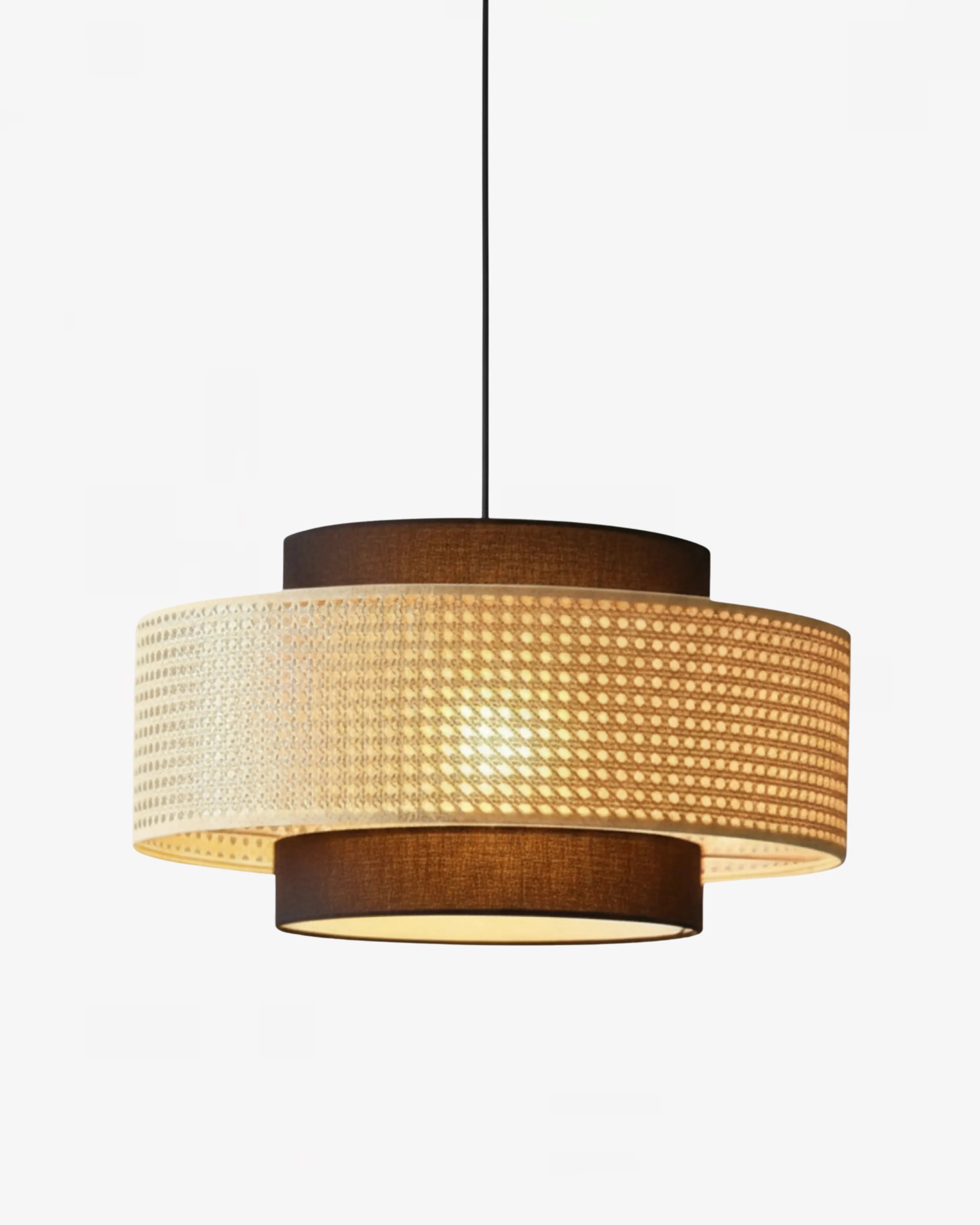 Lustre en rotin tissé noir 50 cm avec LED lumière chaude, suspension moderne pour salon ou salle à manger.