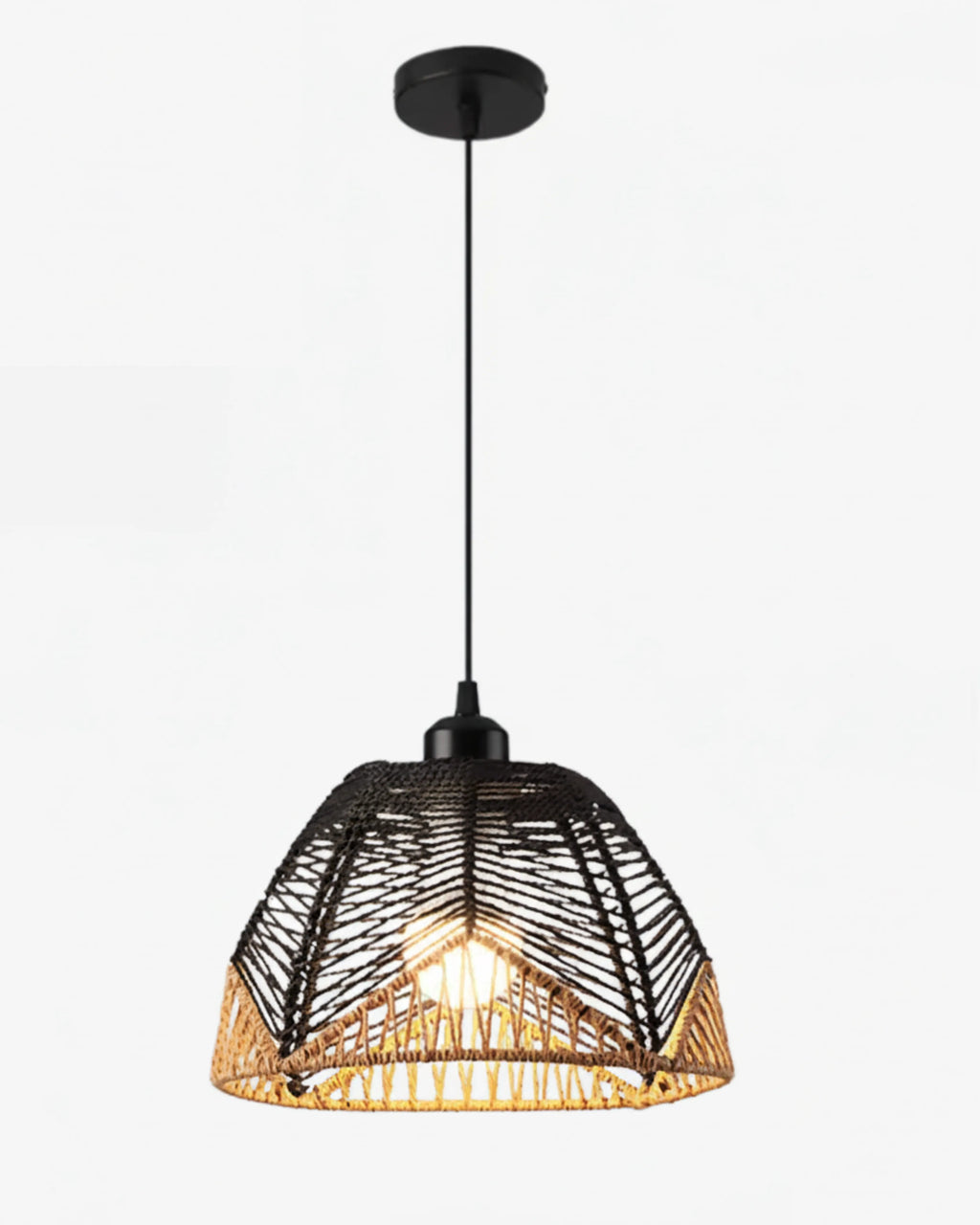 Lustre suspension en rotin et osier noir tressé, style bohème chic pour chambre ou salon, compatible LED E27.
