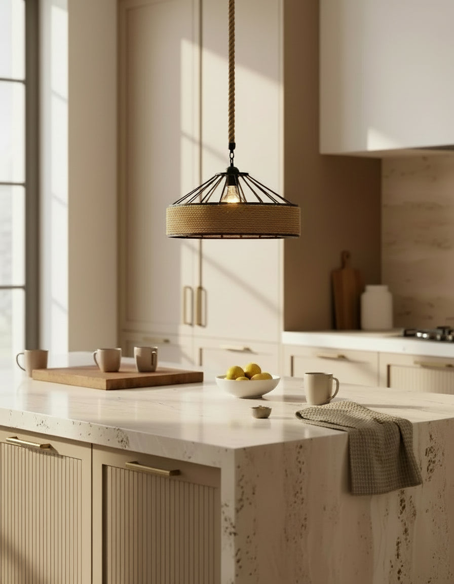 Lustre en rotin pour salon, luminaire plafond au style naturel et chaleureux.