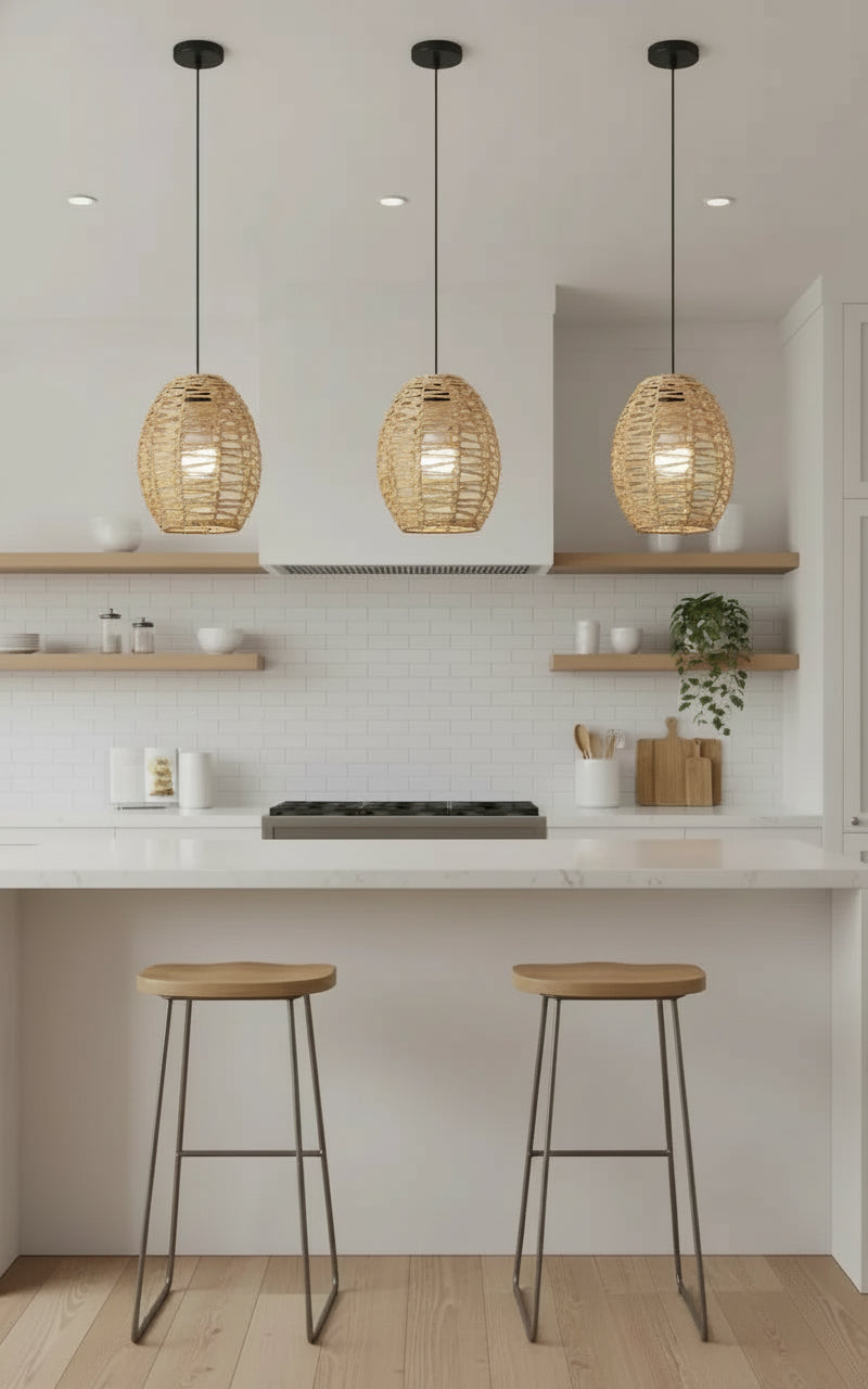 Lustre suspension abat-jour en rotin tissé naturel, style nordique pour cuisine ou salle à manger, câble ajustable.