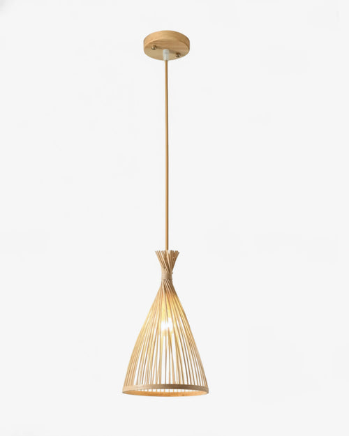 Lustre en rotin tressé naturel, luminaire décoratif parfait pour un intérieur bohème et lumineux.