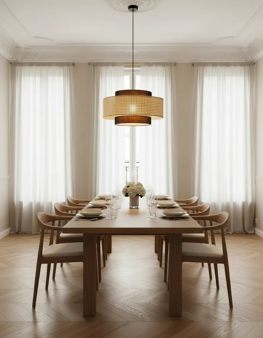 Lustre rotin tressé avec finition noire, suspension plafond parfaite pour restaurant, salon ou cuisine.